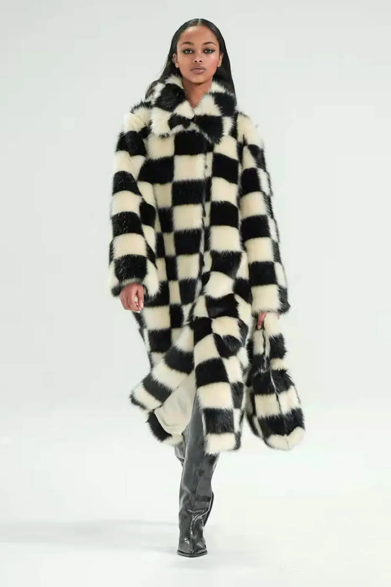 Imagem -05 - Checkerboard Xadrez Faux Fox Fur Coat para Mulheres Jaqueta de Pelúcia de Inverno Quente Grossa Longa Cabolsa de Pele Artificial Sobretudo de Pele Falsa