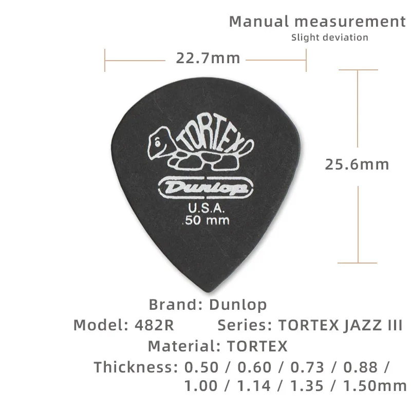 Escolha Dunlop. 482R JAZZ 3 TORTEX material antiderrapante picareta de guitarra elétrica. Espessura: 0,50/0,60/0,73/0,88/1,00/1,14/1,35/1,50mm.