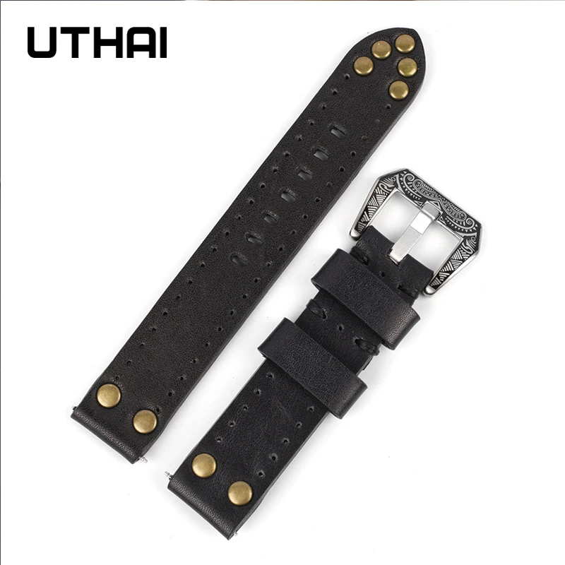 Cowhide leather strap 18 20 22 24mm 22mm watch strap Vintage men\'s strap watch accessories watchbands Engraved buckle UTHAI G26