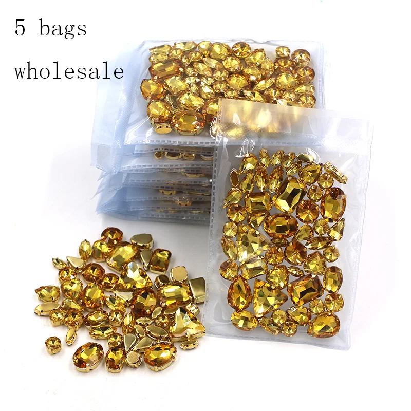 Hot sale Wholesale 5 bags mixed shape sew on glass Golden yellow gold base  rhinestones diy dress/Clothing accessories