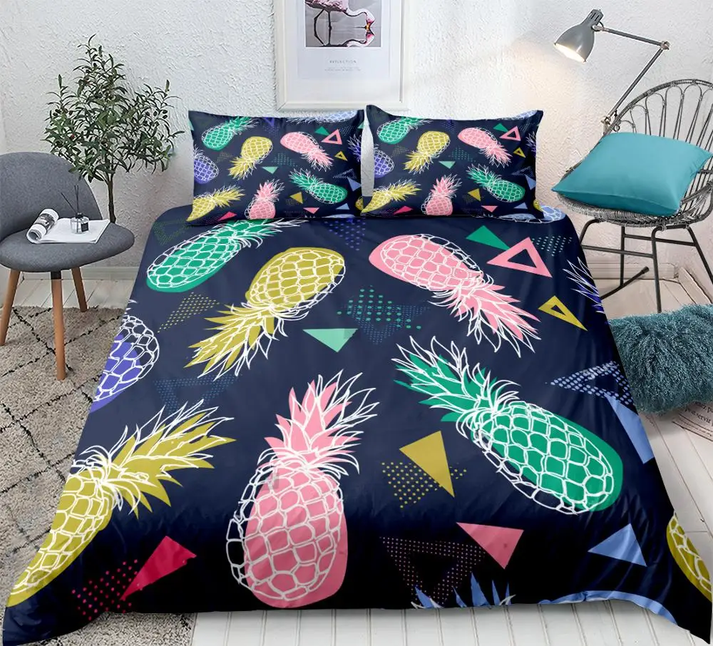 

Colorful Pineapple Bedding Set Geometric Background Kids Fruit Duvet Cover Set Gift 3-piece Quilt Cover Bedclothes Home Textiles