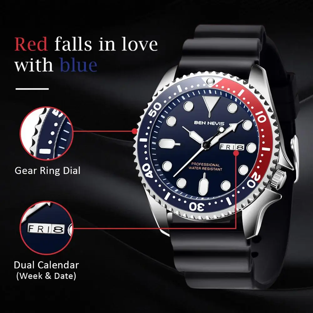 Ben Nevis Fashion Watch Men Quartz Date Silicone Strap Waterproof Outdoor Sport Military Watch Creative Clock relogios masculino