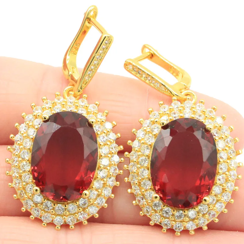 

Buy 3 Get 1 Free 45x23mm SheCrown Gorgeous 15.8g Created Red Blood Ruby White CZ Women Wedding Gold Silver Earrings Pendant