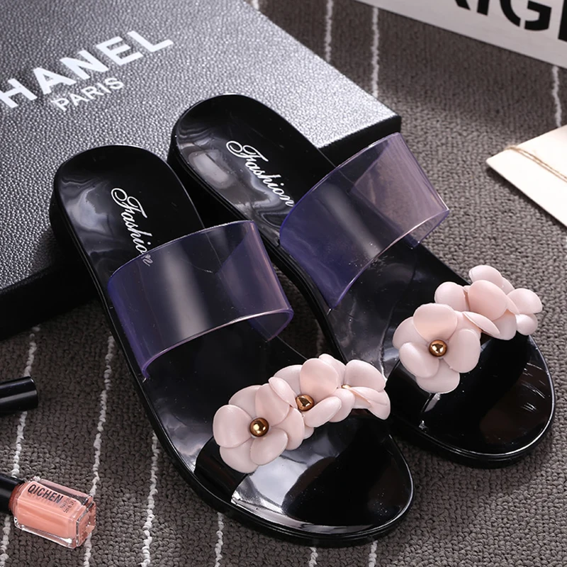 Summer Slippers Women Sweet Flowers Flat with Jelly Shoes Beach Kawaii Womens Waterproof Female Leisure Trendy Outdoor Slides