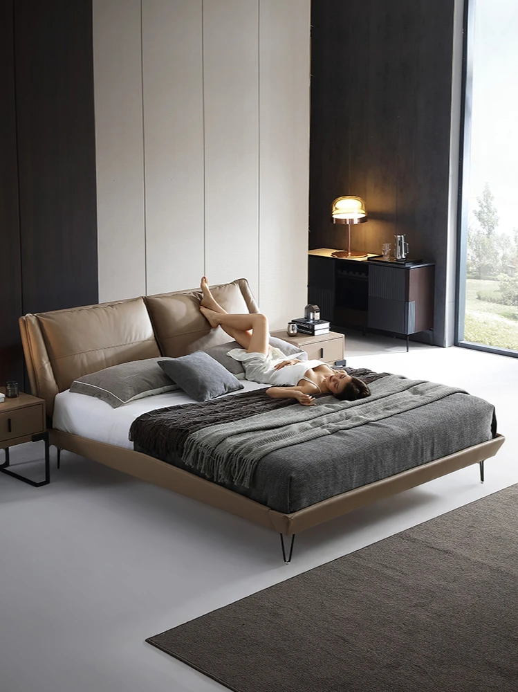 

Italian minimalist leather bed 2m 2.2m big bed modern simple double leather bed 2.4m light luxury furniture soft bag bed