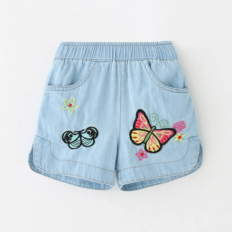 2024 Hot Summer Casual 2 3 4 6 8 10 12 anni bambini ricamo fiore cotone tasca Denim pantaloncini blu per bambine piccole