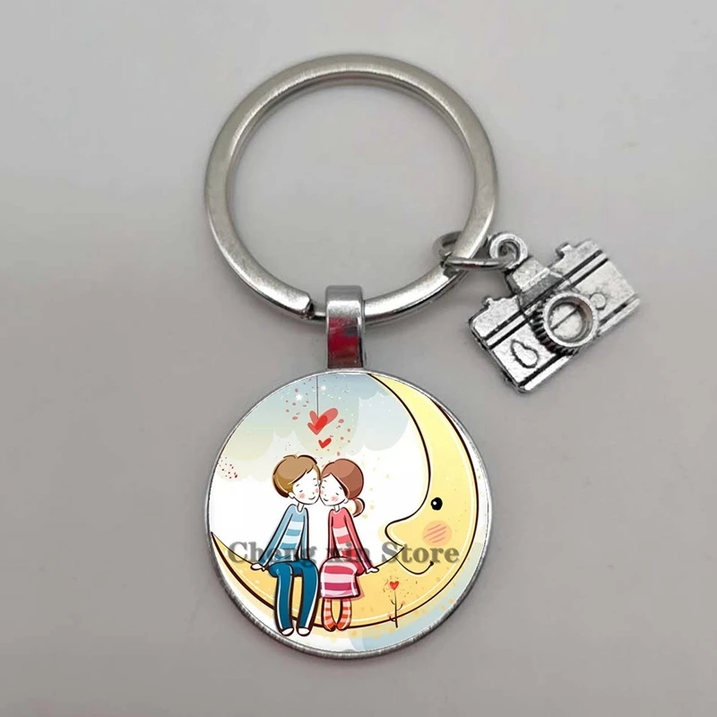 Love Moon Hot Air Balloon Round Glass Camera Flower Picture Cabochon Dome Keychain Camera Car Bag Keychain Accessories image 2