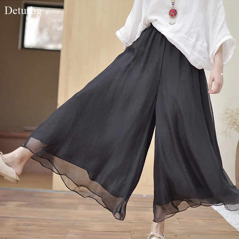 Women's Vintage Chinese Style Wide Leg Pants Female Casual Cotton Linen Loose High Waisted Pants Trousers 2024 Spring PA34