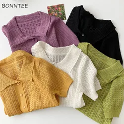 Short Sleeve T-shirts Women Knitting All-match Daily Elasticity Pure Color Temperament Elegant Korean Crop Top Summer Classic