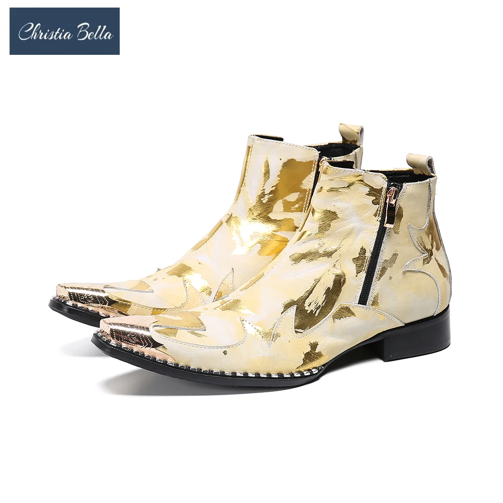 

Fashion Gold Print Men Real Leather Ankle Boots Metal Square Toe Nightclub Party Dress Formal Boots Man Zipper Motorcycle Boots