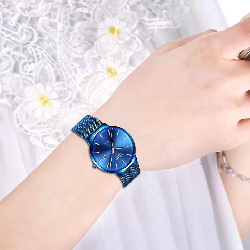 LIGE-reloj analógico de cuarzo para mujer, accesorio de marca superior de lujo, con malla azul, con fecha de acero inoxidable, esfera ultrafina a la
