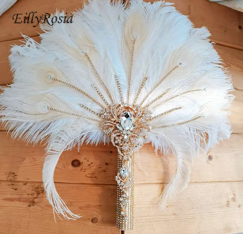 

Ostrich Feather Fan with Brooch Bouquet Sequined Peacock Feather Wedding Fan for Bride Retro 1920's The Great Gatsby Masquerade