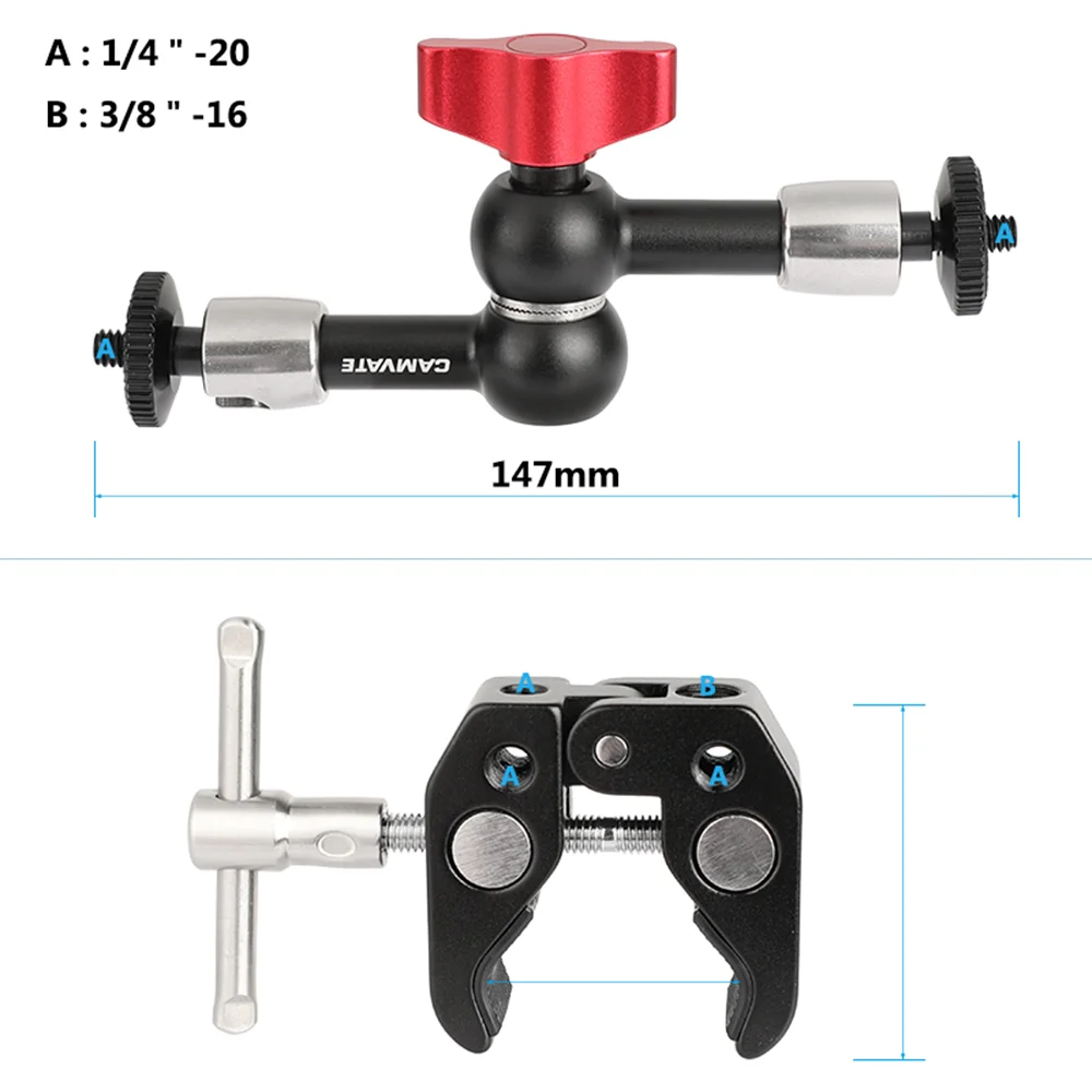 CAMVATE testa a sfera braccio magico supporto per morsetto per granchio con supporto a vite da 1/4 "per fotocamera DSLR LED Light Monitor LCD microfono Smartphone