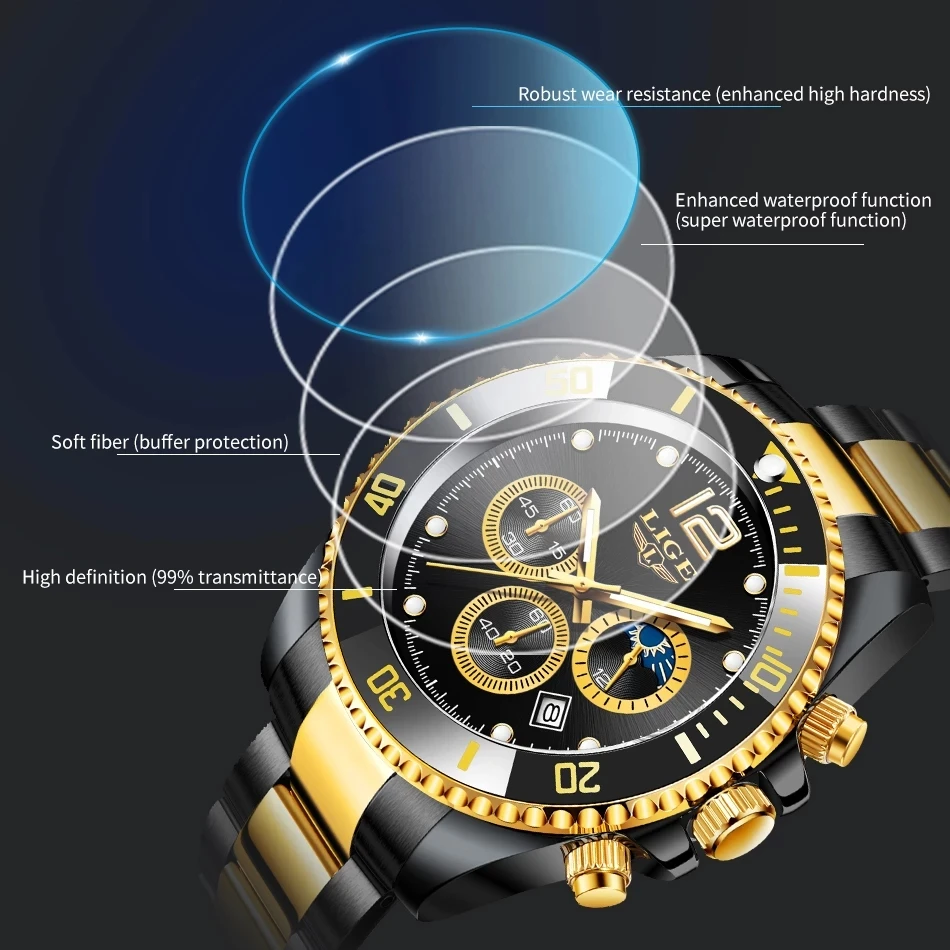 LIGE Fashion Black Gold Clock Top Brand Luxury Stainless Steel Waterproof Quartz Watches Men Sport Chronograph Wrist Watch Man