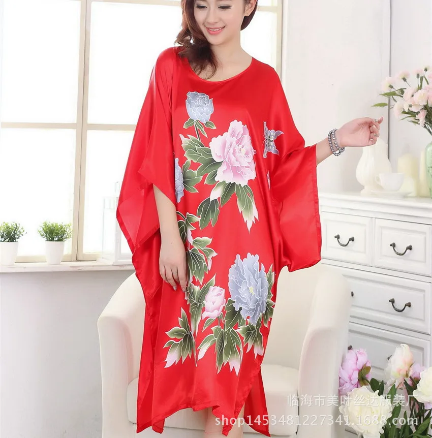 Lady Bat Sleeve Kimono Bathrobe Gown Print Floral Sleepwear Soft Intimate Lingerie Nightgown Lougne Nightdress