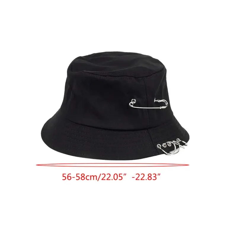 Harajuku Punk Cotton Personality Bucket Hat Metal Pin O-Rings Solid Color Wide Brim Sunscreen Foldable Hip Hop Fisherman Cap