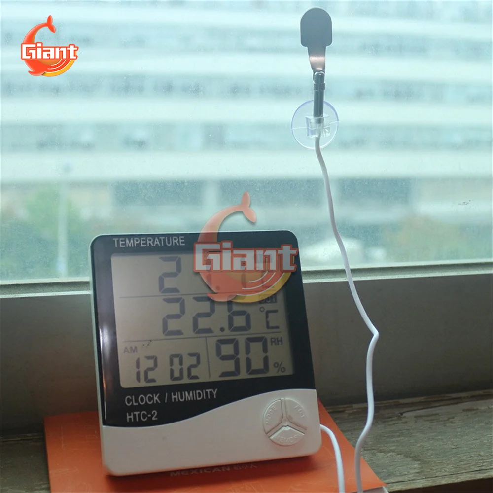 New LCD Electronic Digital Temperature Humidity Meter Thermometer Hygrometer Indoor Outdoor Weather Station Clock HTC-2