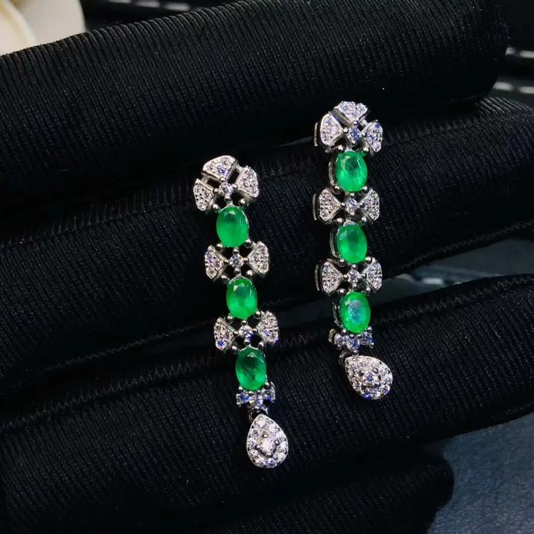 

Real And Natural Emerald Earring Real 925 Silver sterling Fine Charm Jewelry for Women Wedding Party Earring