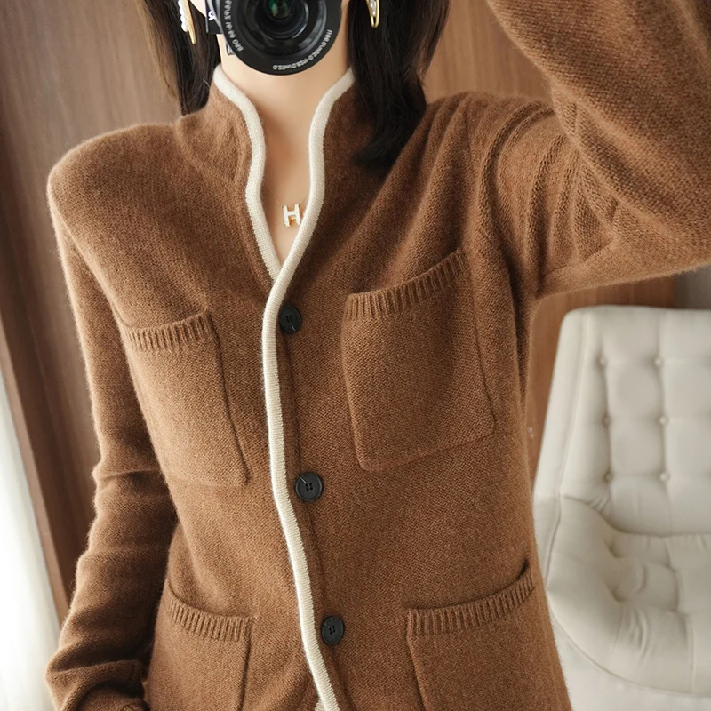 100% Cashmere / Wool Sweater Autumn/Winter 2021 Women\'s Stand-up Collar Cardigan Casual Knit Tops Korean Plus Size Female Jacket