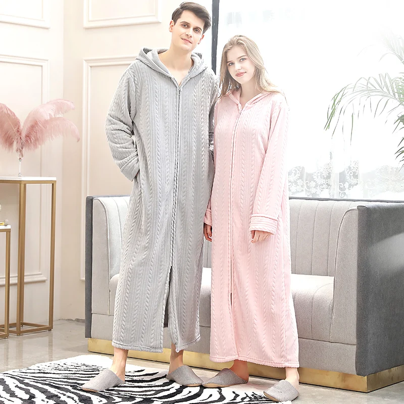 Men Winter Plus Size Hooded Zipper Long Warm Coral Fleece Bathrobe Women Thermal Flannel Bath Robe Shell Dressing Gown Sleepwear