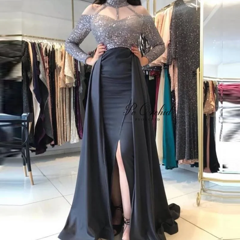 PEORCHID 2020 Bling Sequin Black Prom Dresses Long Sleeves Satin Arab Dubai Slit Mermaid Party Evening Gowns вечернее платье