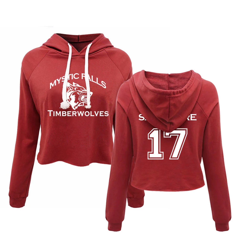 Vampire Diaries Mystic Falls Timberwolves Pullover Salvatore 17 Thin Sweatshirt Women Lady Sexy crop top