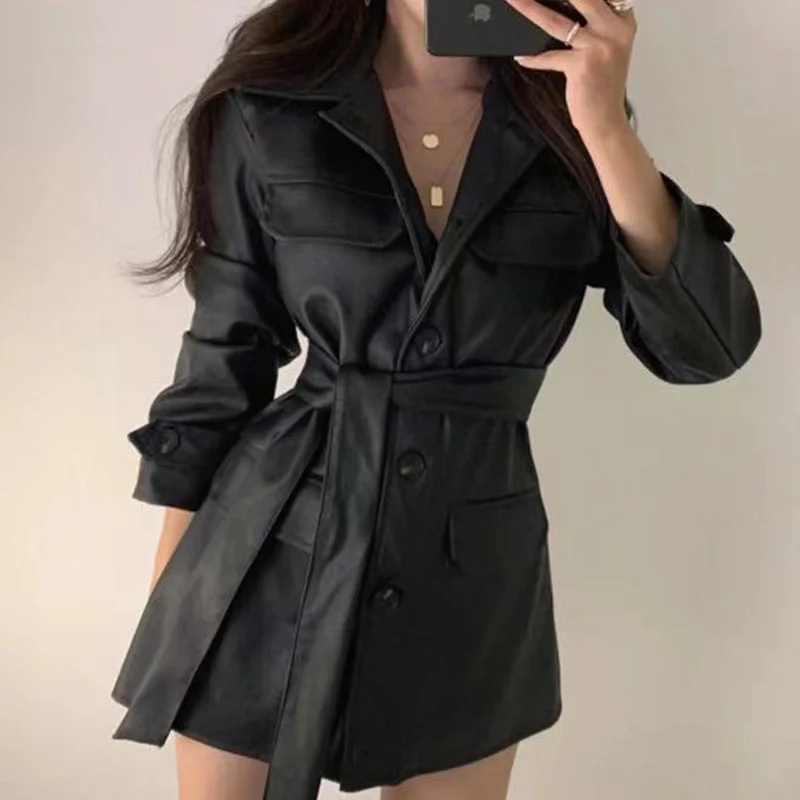 Korean Temperament Lapel Single Breasted Multi Pocket Lace Up Waist Long Sleeve Medium Long Leather Coat Women 2021  N115