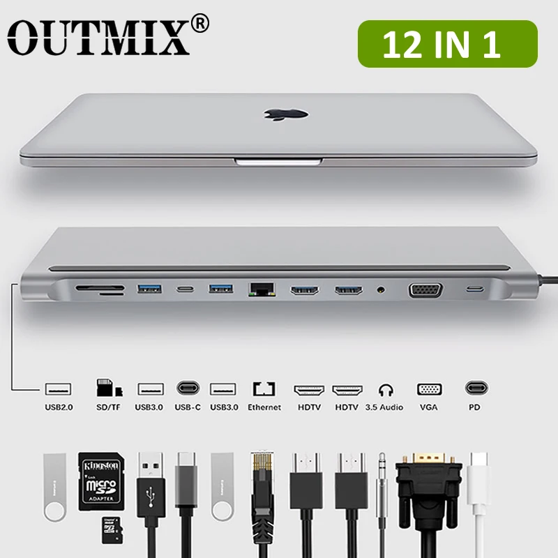 

12 IN 1 MST Type C HUB to HDMI-compatible USB 3.0 HUB Dock VGA RJ45 USB Adapter Converters PD for Loptop Thunderbolt 3 USB C HUB