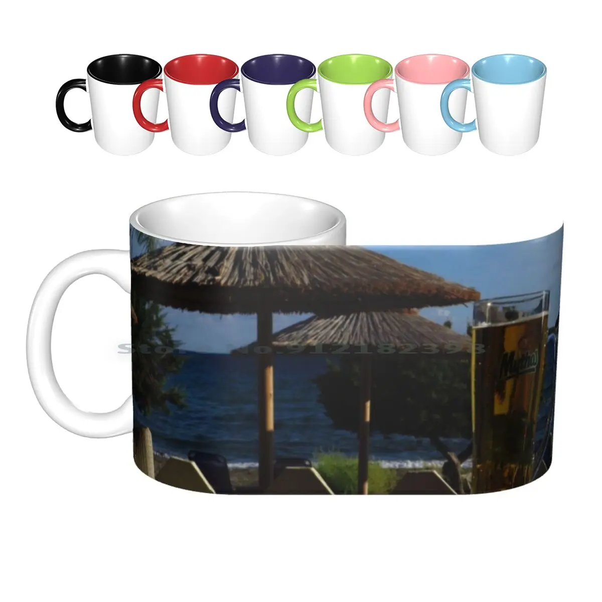 Beach Umbrellas & Mythos Beer Ceramic Mugs Coffee Cups Milk Tea Mug Umbrella Beach Bar Mythos Lager Beer Sea Greece Zaknythos