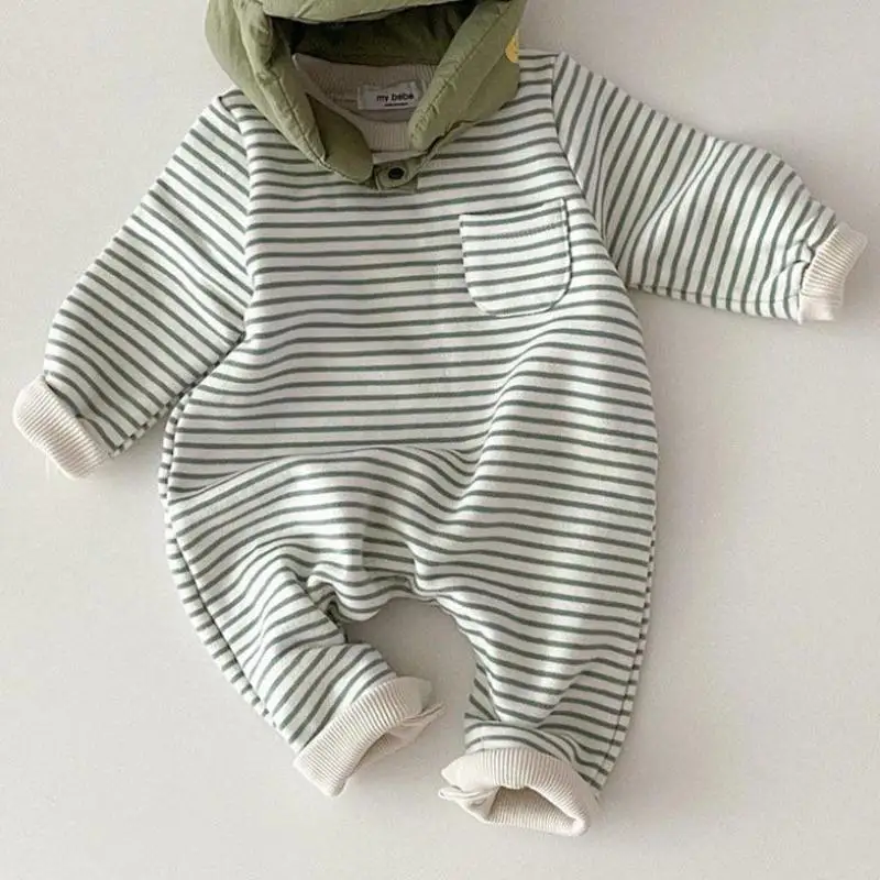 Newborn Baby Striped Romper Spring Infant Boys Girls Casual Jumpsuit Toddler Kids Fleece One-piece Babies Warm Winter Clothes