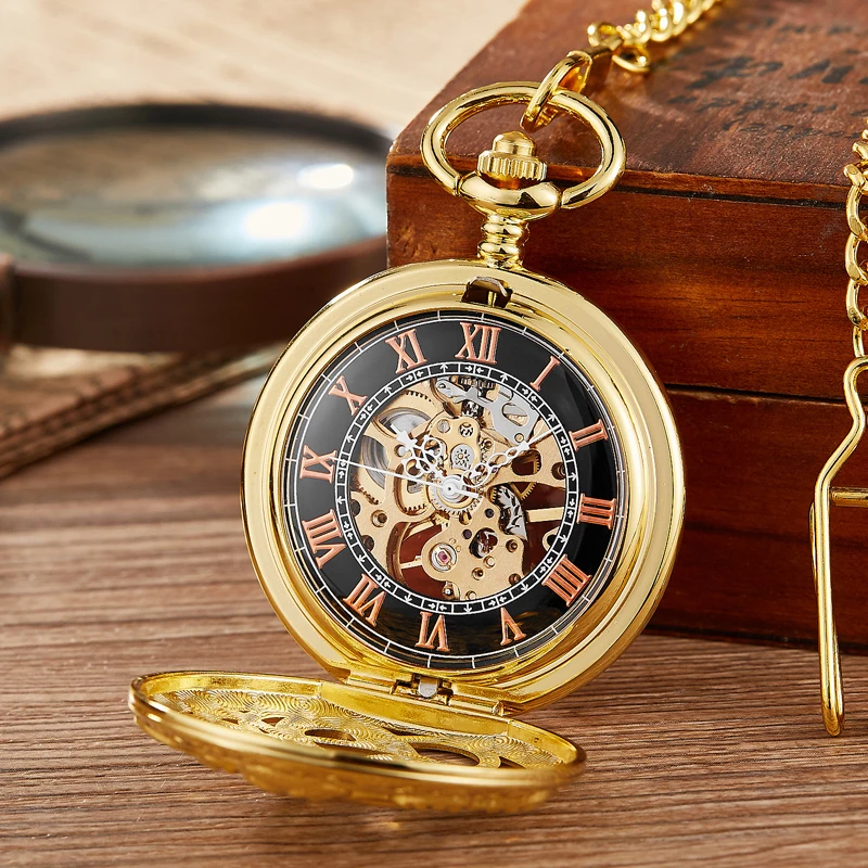 Gold Octopus Mechanical Pocket Watch Steampunk Skeleton Hand-wind Flip Clock Fob Watch With Chain For Men Women Collection