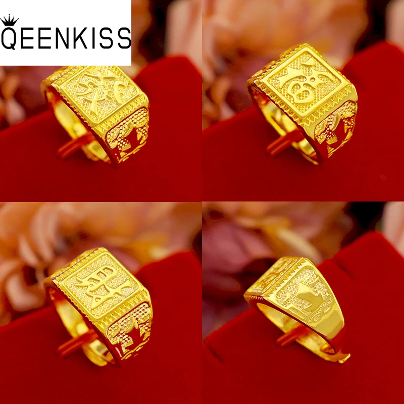 QEENKISS RG522 2021 Fine Jewelry Wholesale Fashion Hot Man Boy Birthday Wedding Gift Vintage FA CAI FU  24KT Gold Resizable Ring