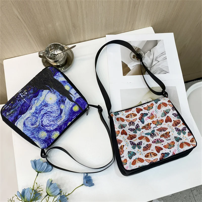 Cute Butterfly Print Canvas Shoulder Bag Women Handbags Girls Underarm Clutch Bags Casual Adjustable Crossbody Bag Gift