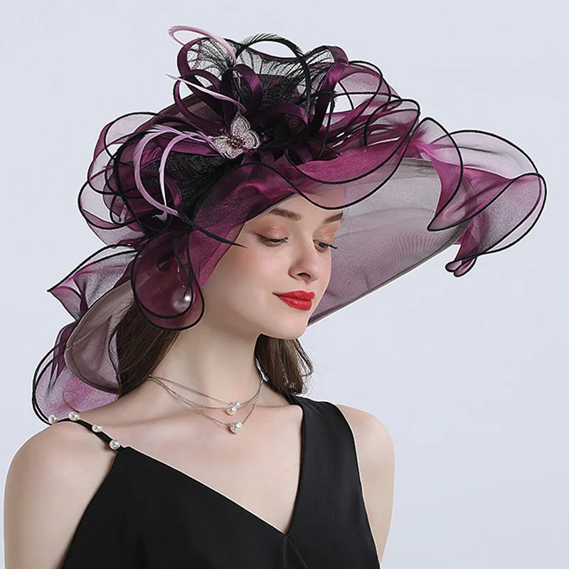 

Women's Wide Brim Summer Sun hat Church Kentucky Derby Fascinator Bridal Hat Tea Party Sun Travel Wedding Organza Floral Cap