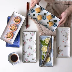 9.7 Inch Japanese Sushi Plate Ceramic Dinner Serving Plate Flower Fruit Dessert Tray Rectangle Dinner Dishes Microwave Safe