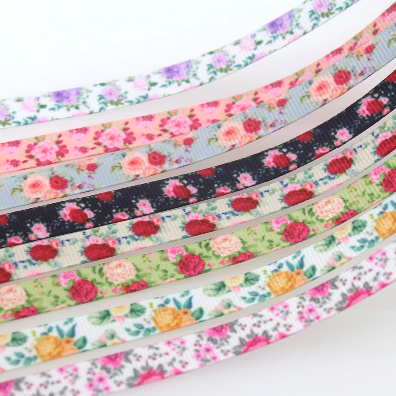 DHK 3/8'' 50yards Floral Rose Flowers Printed Grosgrain Ribbon Accessory Hairbow Headwear DIY Decoration 9mm S1474