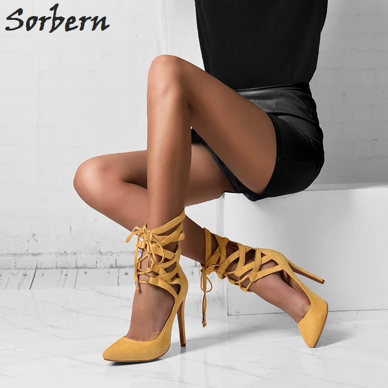 Sorbern Yellow Women Pump Shoes High Heel Stilettos Pointy Toes Dress Shoes Womens Sexy Lace Up Heels Back Zipper Custom Colors