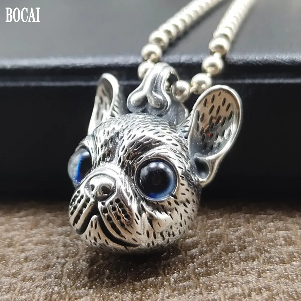 BOCAI New Real Solid S925 Sterling Silver Bulldog Pendant For Men and Women Moonstone Eyes hairless Bulldog Original Couple Gift