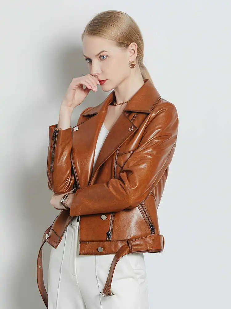 Real Genuine Leather Jacket For Women Brown Black Natural Sheepskin Leather Blazer Jacket Luxury Designer Motorcycle Ladies Coat