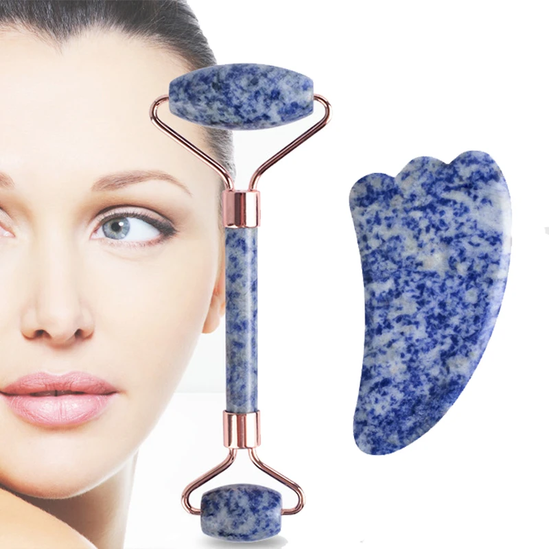 New Blue White Dot Jade Roller And Gua Sha Stone Face Roller Gouache Scraper Facial Massager Lifting Anti-Wrinkle Skin Care Tool