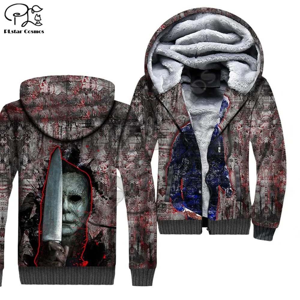 PLstar Cosmos Michael Myers Halloween Pakaian Musim Dingin Gambar Cetak 3D Jaket Hoodie Bulu Pria Ritsleting Mantel Tebal Tudung Hangat Kasual M-3