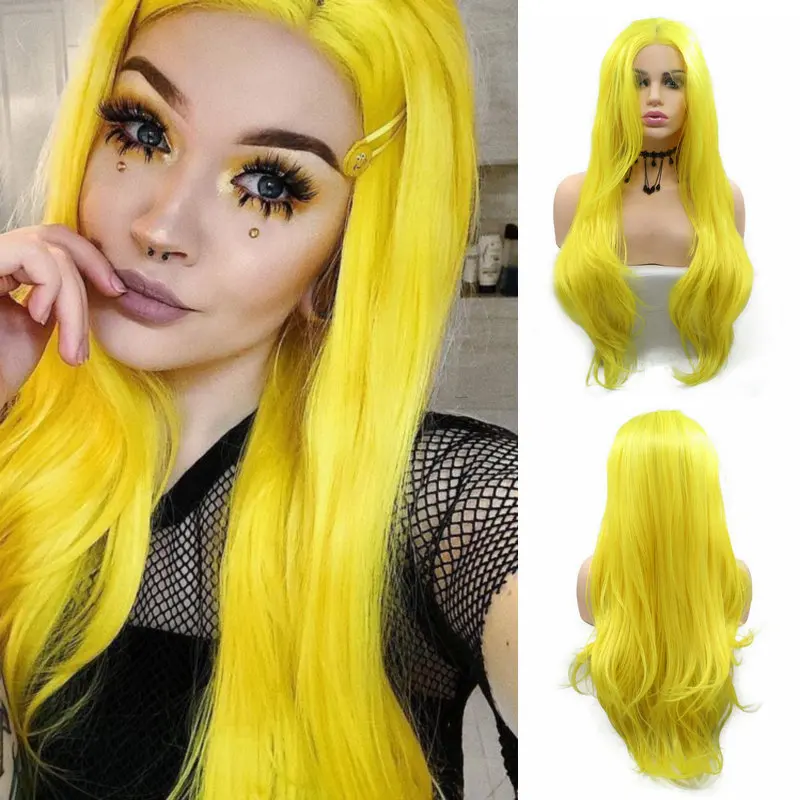 

Sylvia Bright Yellow Synthetic Lace Front Wigs for Women Long Natural Wavy Lemon Yellow Drag Queen Heat Resistant Fiber Wig