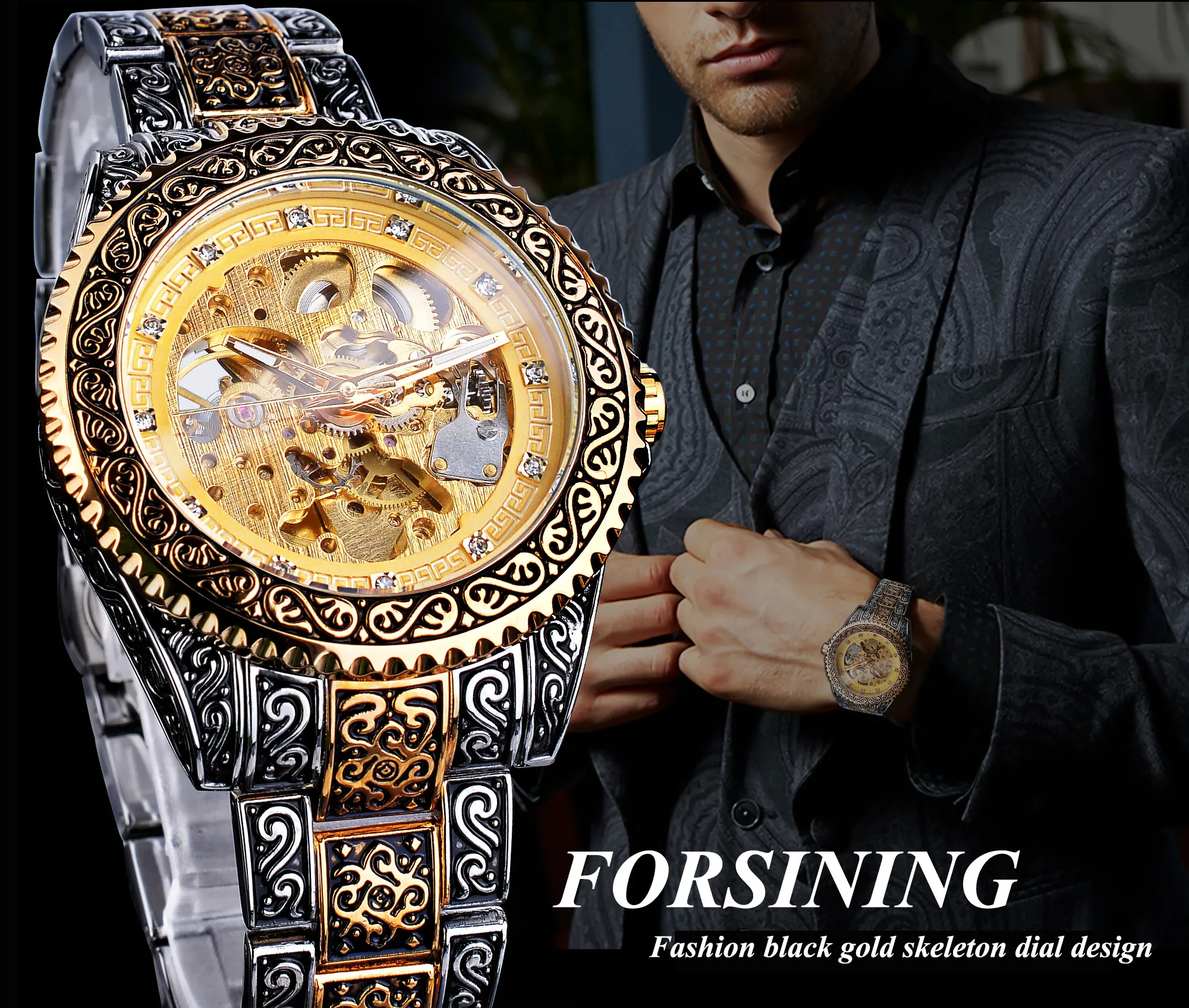 Forsining-Reloj de pulsera mecánico automático para hombre, de lujo, resistente al agua, de acero inoxidable, con diamantes, dorado, Vintage