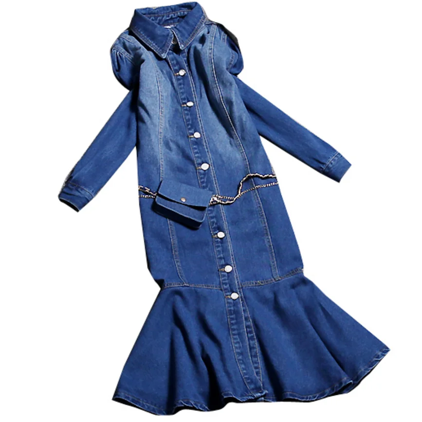 

2021 spring new vintage denim dress women lapel single breasted casual dress