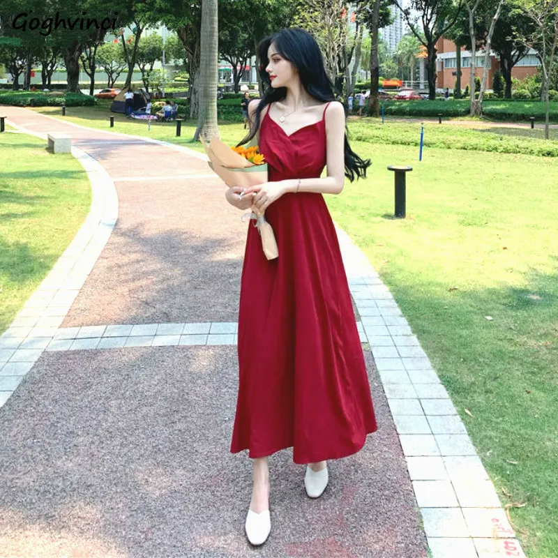 Sleeveless Dress Women Spaghetti Strap V-neck Pleated Solid Elegant Slender Chic Fashion Sexy Womens Vestido Stylish Ins Ulzzang