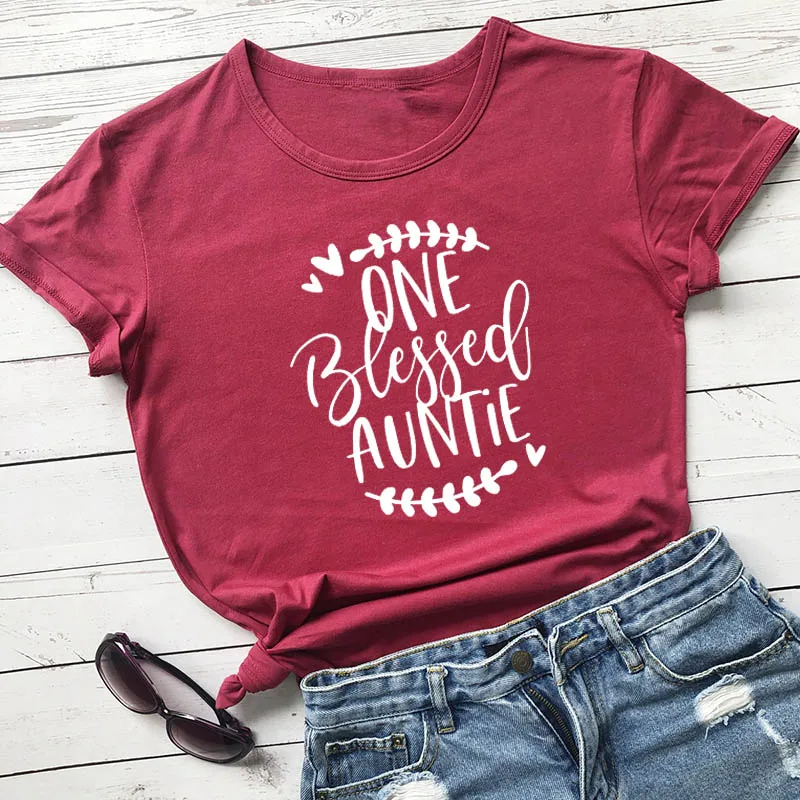 Auntie-One Blessed Auntie Printed New Arrival Funny Casual 100%Cotton T-Shirt Thanksgiving Shirts Family Group Tees Aunt Gift