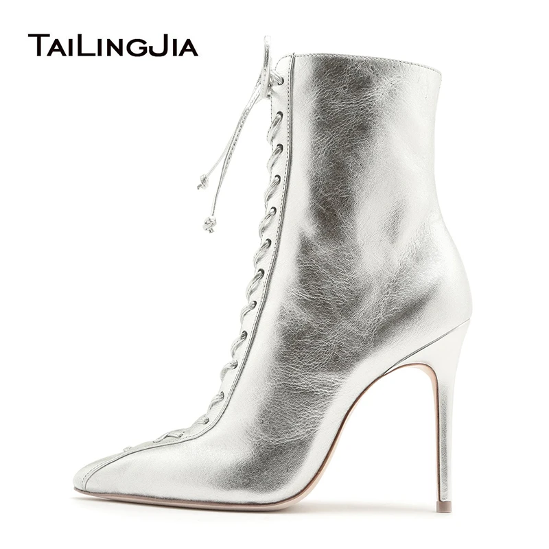 

Silver High Heel Ankle Boots For Women 2020 Pointed Toe Heeled Black Booties Ladies Stiletto Heel Lace Up Short Boots Large Size
