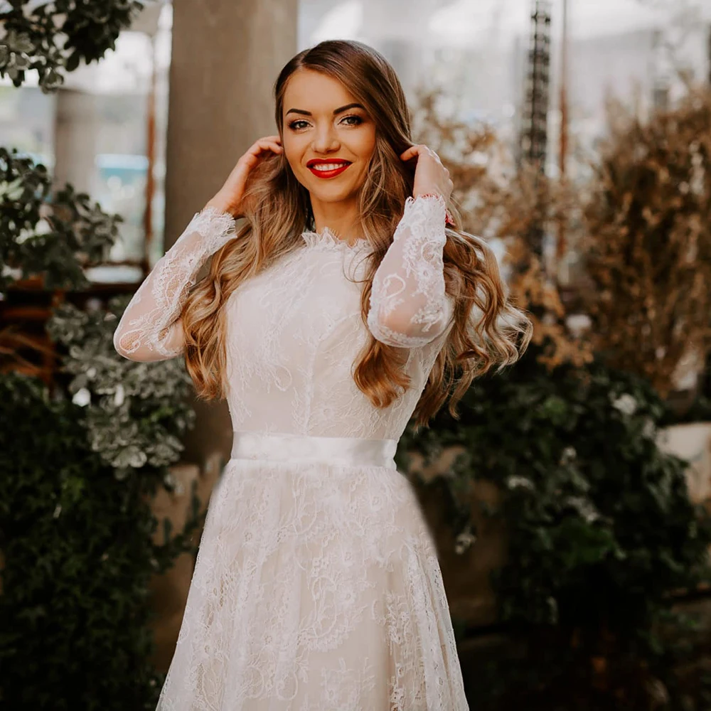 Vestido de boda de encaje de manga larga transparente, corte en A, personalizado, cuello de barco, banda rústica de talla grande, traje nupcial de playa romántico de jardín