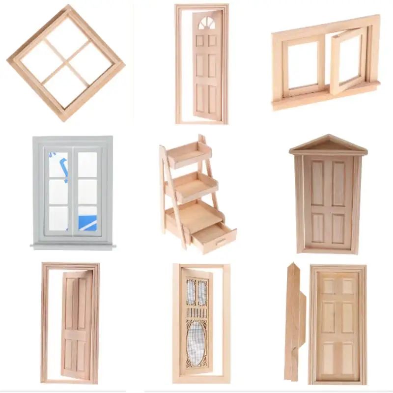 Multi Styles 1/12 miniatura per casa delle bambole in legno porta singola esterna cornice per finestra in legno accessori fai da te giocattoli per mobili per case delle bambole