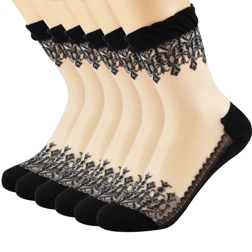 

Womens 6 Pairs Ultrathin Transparent Black Cotton Lace Elastic Short Socks C1S1